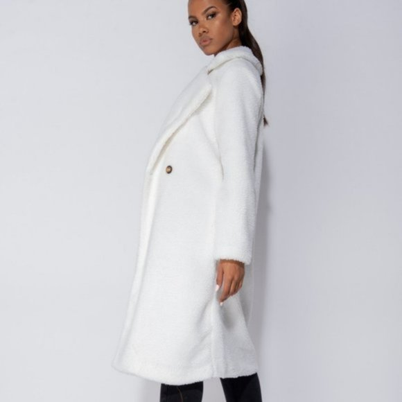 White Long Sleeve Double Breasted Loose Fit Long Maxi Teddy Bear Fur Coat - Picture 3 of 16